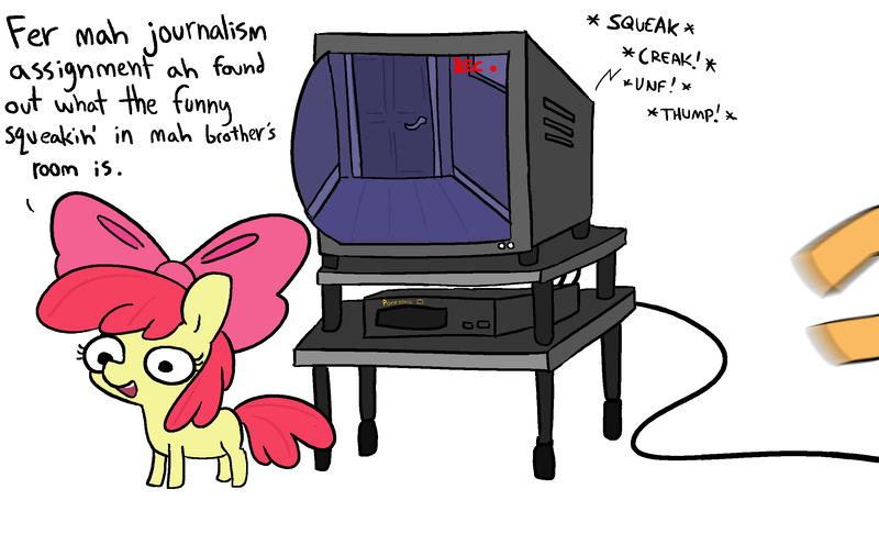 Size: 2446x1516 | Tagged: suggestive, artist:tjpones, derpibooru import, apple bloom, applejack, earth pony, pony, dialogue, duo, female, filly, foal, image, implied big macintosh, implied sex, mare, offscreen character, onomatopoeia, png, simple background, solo focus, television, vcr, white background