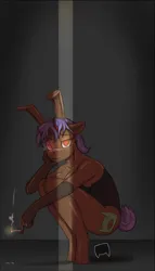 Size: 1923x3352 | Tagged: suggestive, artist:queen-razlad, derpibooru import, oc, oc:cjr, unofficial characters only, anthro, break, bunny suit, cigarette, clothes, devil, devil horns, horns, image, png, smoking, squatting