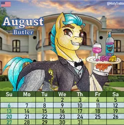 Size: 976x982 | Tagged: safe, artist:mintytreble, derpibooru import, hitch trailblazer, earth pony, pony, g5, my little pony: a new generation, alcohol, bottle, butler, calendar, cheese, clock, clothed ponies, clothes, food, formal wear, glass, grapes, image, male, png, solo, stallion, traditional art, wine, wine bottle, wine glass