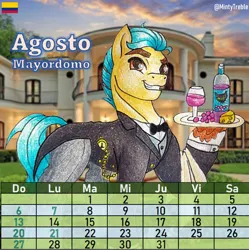 Size: 978x981 | Tagged: safe, alternate version, artist:mintytreble, derpibooru import, hitch trailblazer, earth pony, pony, g5, my little pony: a new generation, alcohol, alternate versions at source, bottle, butler, calendar, cheese, clock, clothed ponies, clothes, food, formal wear, glass, grapes, image, male, png, solo, spanish, stallion, traditional art, wine, wine bottle, wine glass