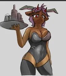 Size: 656x759 | Tagged: suggestive, artist:queen-razlad, derpibooru import, oc, oc:cjr, unofficial characters only, anthro, big breasts, breasts, bunny ears, bunny suit, clothes, female, floppy ears, gray background, holding a tray, image, looking down, png, simple background, solo, tray, unhappy