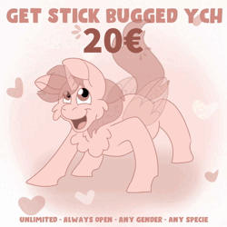 Size: 2000x2000 | Tagged: safe, artist:euspuche, derpibooru import, alicorn, earth pony, pegasus, unicorn, animated, commission, dancing, get stick bugged lol, image, looking at you, meme, open mouth, smiling, text, webm, ych animation, your character here