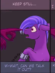 Size: 655x857 | Tagged: suggestive, artist:stoopedhooy, derpibooru import, oc, oc:little chance, oc:shakes heartwood, pony, chains, cuffs, duo, hand, image, imminent rape, imminent sex, png, restrained