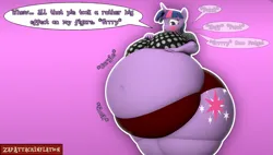 Size: 1901x1080 | Tagged: suggestive, artist:zapattackinflation, derpibooru import, twilight sparkle, twilight sparkle (alicorn), alicorn, anthro, 3d, bbw, belly, belly button, big belly, big breasts, blushing, breasts, burp, clothes, exhausted, fat, fat fetish, fetish, image, onomatopoeia, panting, pants, photo, png, source filmmaker, speech bubble, text, thighs, thunder thighs, twilard sparkle, watermark, weight gain, wide hips