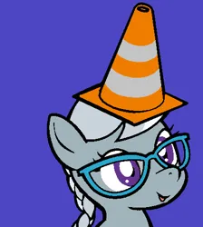 Size: 429x479 | Tagged: safe, artist:darkdoomer, derpibooru import, silver spoon, earth pony, pony, blue background, female, filly, foal, glasses, image, png, simple background, solo, traffic cone