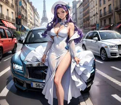 Size: 2048x1784 | Tagged: suggestive, derpibooru import, machine learning generated, rarity, human, equestria girls, ai content, belly button, breasts, busty rarity, car, city, eiffel tower, female, france, generator:seaart.ai, humanized, image, jewelry, paris, png, prompter:foylertf, rolls royce, solo, solo female, white dress