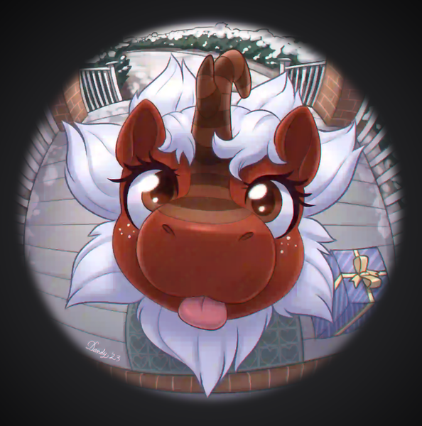 Size: 2692x2718 | Tagged: safe, artist:dandy, derpibooru import, oc, oc:maple cakes, unofficial characters only, kirin, :p, artfight, doorway, female, fisheye lens, horn, image, kirin oc, looking at you, png, present, snoot, snow, solo, tongue out, vignette