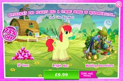 Size: 1960x1302 | Tagged: safe, derpibooru import, official, bright mac, earth pony, pony, advertisement, apple, apple tree, barrel, bush, candle, costs real money, cowboy hat, english, food, gameloft, gem, hat, hay bale, image, implied big macintosh, jpeg, male, mobile game, my little pony: magic princess, numbers, pear, pear tree, sale, solo, solo focus, stallion, text, tree, unshorn fetlocks