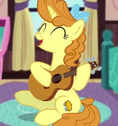 Size: 1080x1149 | Tagged: safe, derpibooru import, pumpkin cake, pony, unicorn, bed, bedsheets, bow, carpet, curtains, eyes closed, female, food, guitar, hair bow, image, jpeg, mare, musical instrument, older, older pumpkin cake, open mouth, open smile, pie, playing, playing guitar, playing instrument, sitting, smiling, solo, window