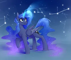 Size: 5320x4456 | Tagged: safe, artist:renderpoint, derpibooru import, princess luna, alicorn, pony, absurd resolution, blue eyes, blue mane, blue tail, coat markings, colored wings, concave belly, constellation, cute, dappled, digital art, ethereal mane, ethereal tail, female, flowing mane, folded wings, glow, glowing horn, hair physics, happy, high res, hooves, horn, image, long mane, long tail, looking up, magic, mane physics, mare, night, png, raised hoof, slim, smiling, solo, standing, starry mane, starry tail, stars, tail, tail physics, thin, turned head, two toned wings, walking, wings