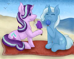 Size: 1280x1024 | Tagged: safe, artist:lil_vampirecj, derpibooru import, starlight glimmer, trixie, pony, unicorn, beach, beach towel, commission, duo, female, food, ice cream, image, mare, png, popsicle, scene, summer, towel, ych result, your character here