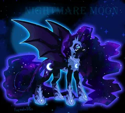 Size: 4000x3600 | Tagged: safe, artist:formula1dp, derpibooru import, nightmare moon, alicorn, pony, bat wings, blue eyes, blue mane, blue tail, digital art, ethereal mane, ethereal tail, eyeshadow, fangs, female, flowing mane, flowing tail, glow, helmet, high res, hoof shoes, horn, image, leonine tail, lidded eyes, looking at you, makeup, mare, night, peytral, png, smiling, smiling at you, solo, sparkles, speedpaint, spread wings, starry mane, starry tail, stars, tail, wings