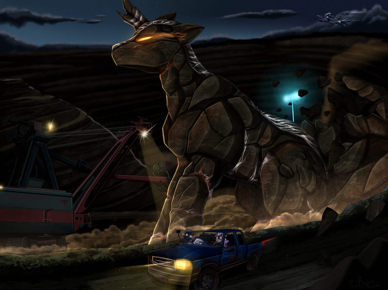 Size: 4458x3335 | Tagged: safe, artist:pridark, derpibooru import, oc, unofficial characters only, golem, kirin, cloud, commission, driving, glow, glowing eyes, high res, image, jeep, lights, night, outdoors, png, rock, sitting, sky