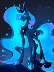 Size: 2048x2732 | Tagged: safe, artist:anekomori, derpibooru import, princess luna, alicorn, pony, blue background, blue eyes, blue mane, crown, curved horn, digital art, ethereal mane, ethereal tail, eyelashes, feather, female, flowing mane, flowing tail, folded wings, glow, glowing eyes, happy, high res, hoof shoes, horn, image, jewelry, mare, night, peytral, png, regalia, signature, simple background, smiling, solo, starry mane, starry tail, tail, wings