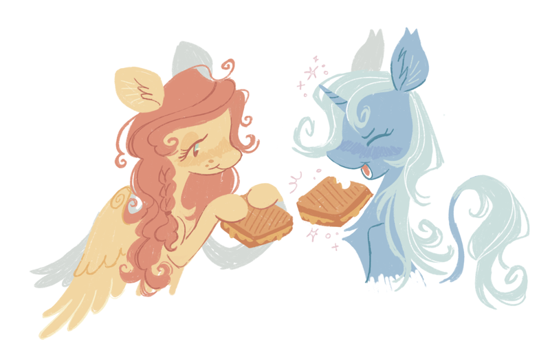 Size: 1382x891 | Tagged: safe, artist:webkinzworldz, derpibooru import, fluttershy, trixie, pegasus, pony, unicorn, alternate hairstyle, braid, cheese, chewing, crumbs, duo, eating, eyes closed, eyes open, food, grilled cheese, image, leonine tail, levitation, magic, open mouth, png, simple background, tail, telekinesis, white background