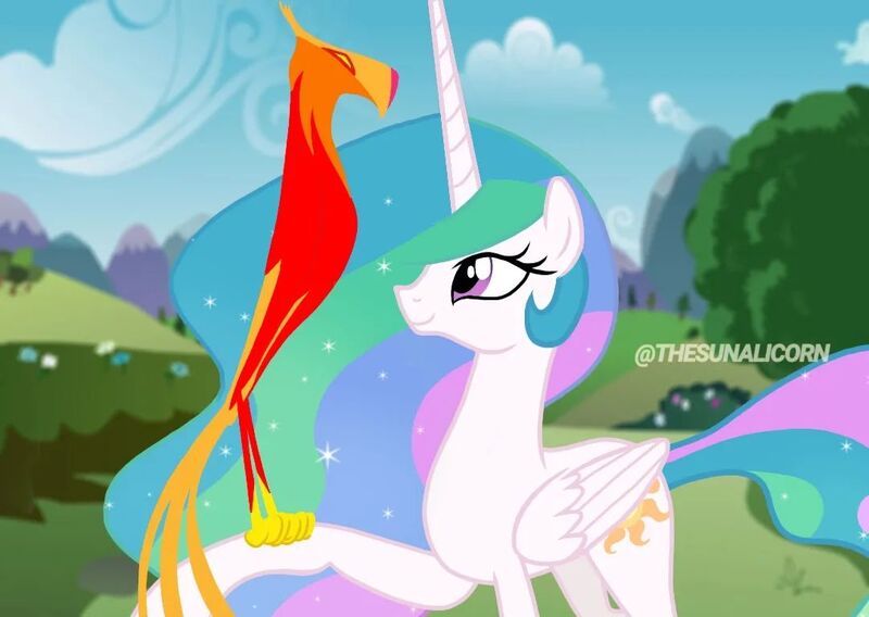 Size: 1080x767 | Tagged: safe, artist:thesunalicorn, derpibooru import, philomena, princess celestia, alicorn, phoenix, pony, bush, cloud, ethereal mane, female, flower, hill, image, jpeg, mare, mountain, outdoors, perching, road, show accurate, signature, tree