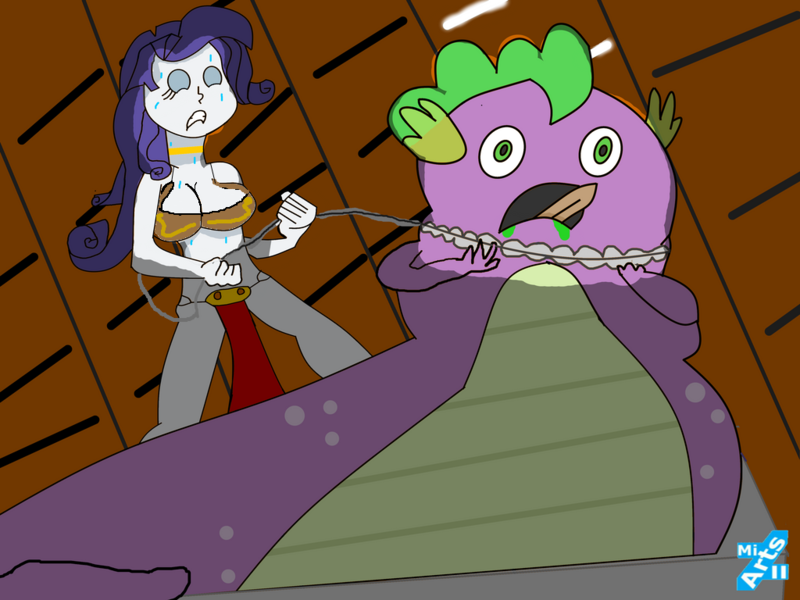 Size: 1024x768 | Tagged: suggestive, artist:millarts-artworks, rarity, spike, equestria girls, breasts, chain rope, chocking, dark room, image, jabba, jabba the hutt, png, sail barge, sex slave, slave, slave collar, slave leia outfit, slave rarity, star wars, strangling, sweat