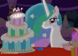 Size: 1080x767 | Tagged: safe, artist:thesunalicorn, derpibooru import, princess celestia, alicorn, pony, birthday, birthday cake, bowl, cake, cakelestia, candle, candy, ethereal mane, female, fire, flower, flower in hair, food, image, jewelry, jpeg, mare, necklace, party horn, present, show accurate, signature, solo