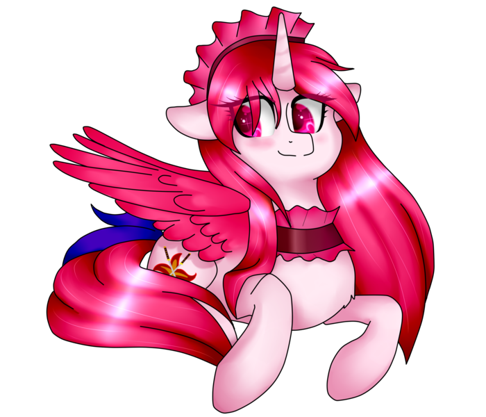 Size: 2800x2401 | Tagged: safe, artist:oniiponii, derpibooru import, oc, unofficial characters only, alicorn, pony, alicorn oc, choker, female, horn, image, lying down, mare, png, prone, simple background, smiling, solo, transparent background, wings