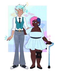 Size: 827x978 | Tagged: safe, artist:s0ftserve, bon bon, lyra heartstrings, sweetie drops, human, blackwashing, dark skin, disabled, fat, female, headcanon, height difference, horn, horned humanization, humanized, image, lesbian, looking at each other, lyrabon, png, scar, shipping, short hair, standing, walking stick