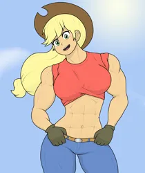 Size: 2075x2475 | Tagged: safe, artist:cyanrobo, derpibooru import, applejack, human, abs, applejack's hat, breasts, busty applejack, clothes, cowboy hat, denim, female, gloves, hat, humanized, image, jeans, looking at you, muscles, muscular female, pants, png, shirt, solo
