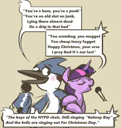 Size: 826x871 | Tagged: safe, artist:applepost67, derpibooru import, twilight sparkle, pony, unicorn, colored, crossover, crossover shipping, female, image, lyrics, male, microphone, mordecai, mordetwi, png, regular show, shipping, slur, speech bubble, straight, text