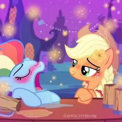 Size: 1080x1080 | Tagged: safe, artist:apple.tothecore, derpibooru import, applejack, rainbow dash, earth pony, firefly (insect), insect, pegasus, pony, blushing, cider, drunk, drunk aj, drunker dash, female, image, jpeg, older, older applejack, older rainbow dash, passed out