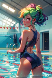 Size: 2752x4096 | Tagged: safe, derpibooru import, machine learning generated, rainbow dash, human, ai content, blushing, butt, clothes, female, humanized, image, looking at you, looking back, looking back at you, one-piece swimsuit, png, prompter:akaitsuki154, rainbutt dash, smiling, solo, swimming pool, swimsuit, wet
