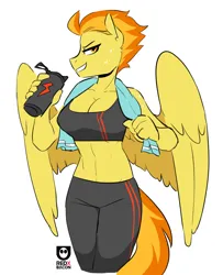 Size: 804x992 | Tagged: safe, artist:redxbacon, derpibooru import, spitfire, anthro, pegasus, big breasts, breasts, cleavage, clothes, grin, image, lidded eyes, looking at you, midriff, png, smiling, solo, sweat, tanktop, towel, water bottle, workout outfit