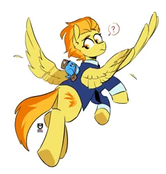 Size: 924x968 | Tagged: safe, artist:redxbacon, derpibooru import, larry, shadowfright, spitfire, bird, pegasus, pony, clothes, confused, feather, flying, image, looking back, png, question mark, solo, spread wings, suit, uniform, wings, wonderbolts dress uniform