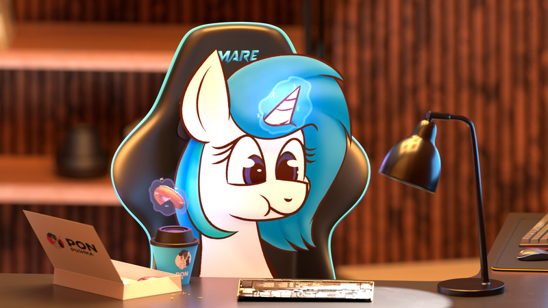 Size: 3840x2160 | Tagged: safe, artist:xppp1n, derpibooru import, oc, oc:compushka, pony, unicorn, 3d, 3d mixed with drawing, blender, blender cycles, coffee cup, computer, cup, desk lamp, donut, female, food, image, jpeg, keyboard, laptop computer, levitation, magic, mare, pon-pushka, solo, telekinesis