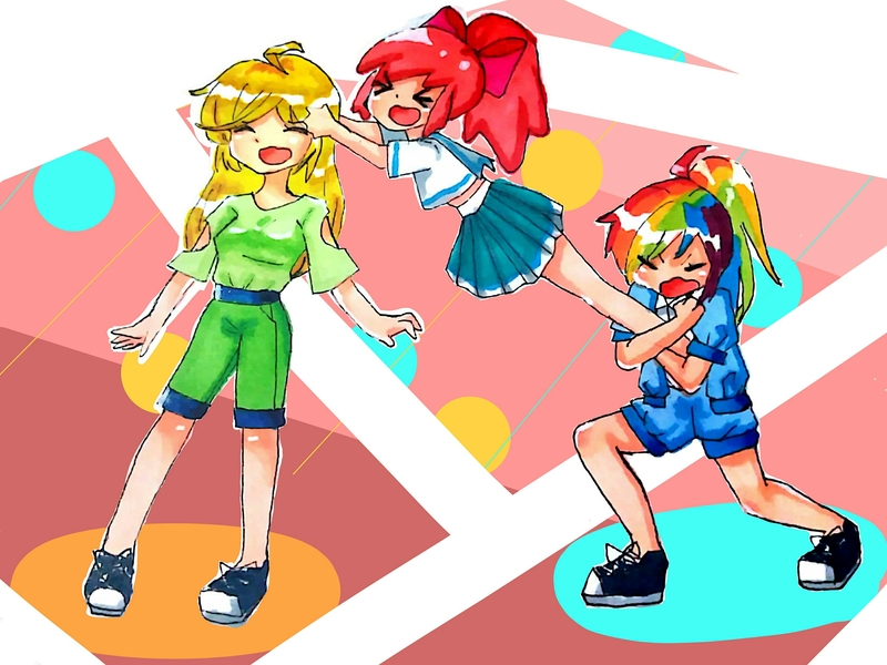 Size: 2666x2000 | Tagged: safe, artist:shuimojiang353, derpibooru import, apple bloom, applejack, rainbow dash, human, ><, clothes, eyes closed, humanized, image, jpeg, sailor uniform, uniform