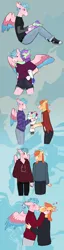 Size: 458x1795 | Tagged: safe, artist:s0ftserve, cozy glow, flower bouquet, oc, oc:melody heartstrings, oc:tangerine splash, anthro, earth pony, pegasus, blue background, canon x oc, clothes, ear piercing, female, flirting, headcanon, headcanon in the description, holding hands, image, jpeg, kissing, magical lesbian spawn, male, offspring, parent:bon bon, parent:lyra heartstrings, parents:lyrabon, piercing, piggyback ride, scar, shipping, short hair, simple background, straight, two toned wings, wings