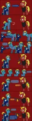 Size: 792x2949 | Tagged: safe, artist:j-yoshi64, derpibooru import, oc, oc:firebrand, ponified, unofficial characters only, earth pony, human, hybrid, pony, unicorn, yoshi, comic:taking a self-insert too seriously, analysis bronies, blonde hair, blue coat, comic, dialogue, facehoof, green mane, gun, human in equestria, image, levitation, magic, male, phone, png, red coat, reference to another series, rifle, self insert, speech bubble, stallion, telekinesis, text, weapon