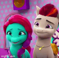 Size: 204x202 | Tagged: safe, derpibooru import, screencap, earth pony, pegasus, pony, g5, my little pony: make your mark, spoiler:g5, spoiler:my little pony: make your mark, spoiler:my little pony: make your mark chapter 4, spoiler:mymc04e01, animated, bridlewoodstock, bridlewoodstock (make your mark), duo, duo male and female, female, gif, grin, head shake, i watch it for the ears, image, jazz has no ears, jazz hooves, jewelry, male, mane melody (location), my little pony: make your mark chapter 4, necklace, nervous, nervous grin, no ears, rocky riff, sad, smiling, talking