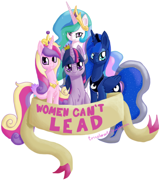 Size: 1280x1457 | Tagged: safe, artist:tricolorarts, edit, editor:strifesnout, ponerpics import, princess cadance, princess celestia, princess luna, twilight sparkle, twilight sparkle (alicorn), alicorn, pony, alicorn tetrarchy, captain obvious, female, image, looking at you, mare, mouthpiece, png, politics, positive ponies