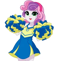 Size: 1222x1271 | Tagged: safe, artist:rosemile mulberry, derpibooru import, sweetie belle, human, equestria girls, cheerleader, cheerleader outfit, clothes, cute, diasweetes, female, image, looking at you, open mouth, png, pom pom, skirt, solo, updated design