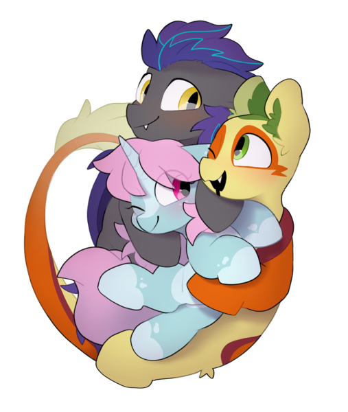 Size: 3035x3589 | Tagged: safe, artist:mochi_nation, derpibooru import, oc, oc:helios aster, oc:non toxic, oc:scoops, bat pony, monster pony, original species, pony, tatzlpony, unicorn, blushing, cuddle puddle, cuddling, cute, fangs, female, image, male, mare, png, pony pile, stallion