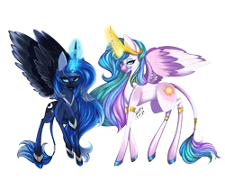 Size: 5000x4000 | Tagged: safe, artist:dipstickowo, derpibooru import, princess celestia, princess luna, alicorn, pony, absurd resolution, blue eyes, blue mane, blue tail, crown, digital art, duo, duo female, eyeshadow, feather, female, glow, glowing horn, horn, image, jewelry, leonine tail, lidded eyes, looking at you, magic, makeup, mare, pink eyes, png, raised hoof, regalia, royal sisters, siblings, signature, simple background, sisters, spread wings, tail, transparent background, walking, wings