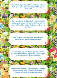 Size: 2048x2794 | Tagged: safe, derpibooru import, official, apple bloom, applejack, grand pear, granny smith, earth pony, pony, apple bloom's bow, applejack's hat, bow, clothes, cowboy hat, dialogue, dialogue box, english, event, female, gameloft, granny smith's shawl, hair bow, hat, image, implied bright mac, implied pear butter, male, mare, mobile game, my little pony: magic princess, png, scarf, shawl, speech bubble, stallion, text