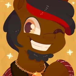 Size: 750x750 | Tagged: safe, artist:talimingi, derpibooru import, oc, unofficial characters only, earth pony, pony, beard, bust, facial hair, grin, image, jewelry, jpeg, looking at you, male, necklace, one eye closed, simple background, smiling, smiling at you, solo, sparkles, stallion, wink, winking at you, yellow background
