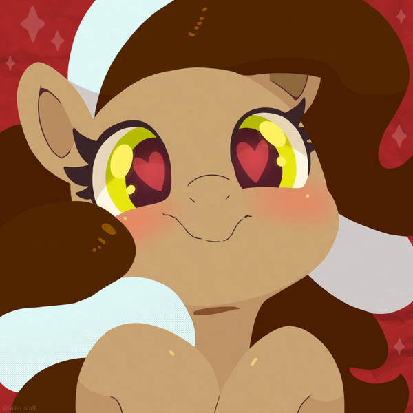 Size: 750x750 | Tagged: safe, artist:talimingi, derpibooru import, oc, unofficial characters only, earth pony, pony, blushing, bust, female, heart, heart eyes, image, jpeg, looking at you, mare, red background, simple background, smiling, smiling at you, solo, wingding eyes