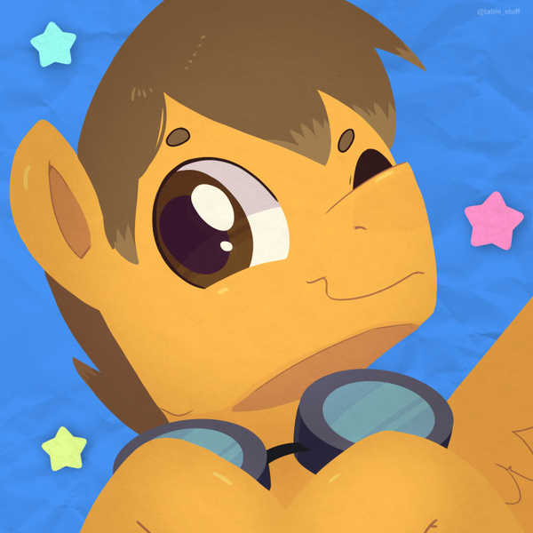 Size: 750x750 | Tagged: safe, artist:talimingi, derpibooru import, oc, unofficial characters only, pegasus, pony, blue background, bust, goggles, goggles around neck, image, jpeg, looking at you, male, one eye closed, simple background, smiling, smiling at you, solo, stallion, wink, winking at you