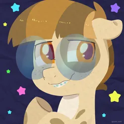 Size: 750x750 | Tagged: safe, artist:talimingi, derpibooru import, oc, unofficial characters only, earth pony, pony, blue background, braces, bust, floppy ears, freckles, glasses, grin, image, jpeg, looking offscreen, nervous, nervous grin, round glasses, simple background, smiling, solo, stars, wavy mouth