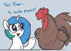Size: 2420x1730 | Tagged: safe, artist:t72b, oc, oc:compushka, oc:tsimur, unofficial characters only, bird, chicken, pony, unicorn, /mlp/, 4chan, blue background, cyan background, drawthread, female, giant cock, image, looking at someone, looking at you, macro, mare, png, raised leg, rooster, simple background, suspicious