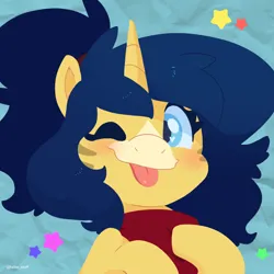 Size: 750x750 | Tagged: safe, artist:talimingi, derpibooru import, oc, unofficial characters only, pony, unicorn, :p, blushing, bust, female, image, jpeg, looking at you, mare, one eye closed, simple background, smiling, smiling at you, solo, stars, teal background, tongue out, wink, winking at you