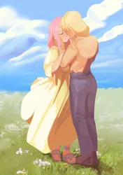 Size: 2206x3137 | Tagged: safe, artist:aztrial, derpibooru import, applejack, fluttershy, human, appleshy, boots, clothes, denim, dress, duo, duo female, eyes closed, female, field, grass, hand on face, high res, humanized, image, jeans, lesbian, mole, pants, png, sandals, shipping, shoes, smiling