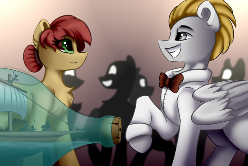 Size: 6150x4120 | Tagged: safe, artist:leon_zi, derpibooru import, oc, oc:hopeful prospectus, oc:nine-bells, unofficial characters only, earth pony, pegasus, commission, image, micro, party, png, ship, silhouettes, size difference, unaware