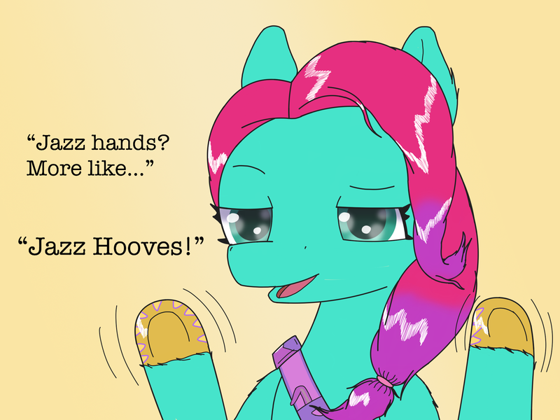 Size: 2048x1536 | Tagged: safe, artist:stormy hooves, derpibooru import, earth pony, pony, g5, derpibooru exclusive, female, gradient background, hoof polish, hooves up, image, jazz hands, jazz hooves, joke, mare, name, name pun, namesake, png, pun, raised hoof, raised hooves, sash, silly, silly pony, solo, visual pun