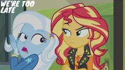 Size: 2000x1125 | Tagged: safe, derpibooru import, edit, edited screencap, editor:quoterific, screencap, sunset shimmer, trixie, equestria girls, equestria girls series, forgotten friendship, image, png